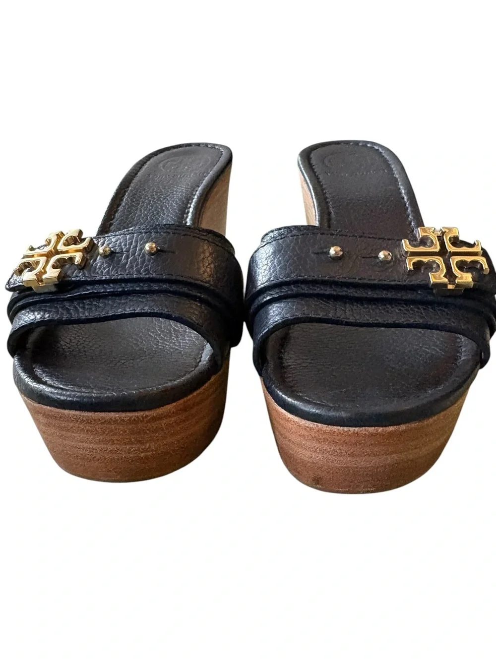 Tory Burch Elina Black Leather Gold Logo Plstform Wedge Sandals - 8.5
